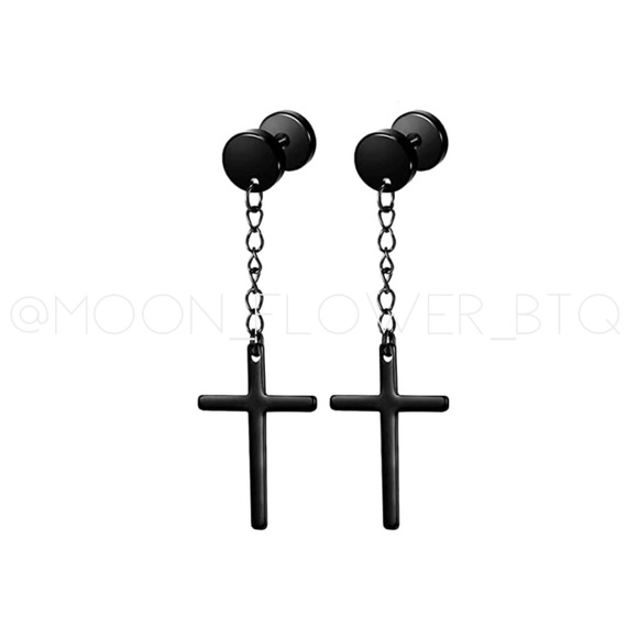 Black Stainless Steel Cross Barbell Earrings - Picture 5 of 7